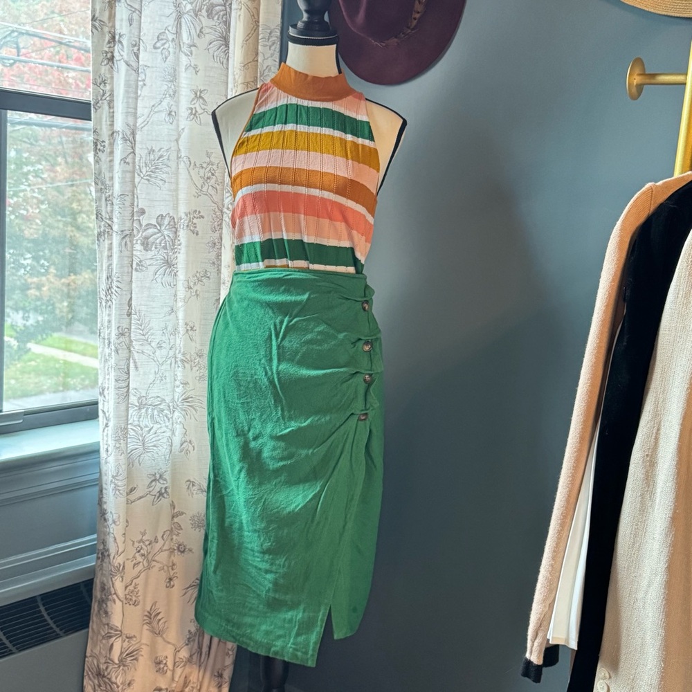 Eva Mendes Green Skirt and Striped Shirt Set